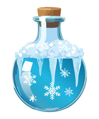Illustration of a magical potion bottle with snow and snowflakes