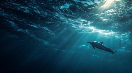deep blue sea, under the surface, sunlight through the waves above a dolphin swimming in the distance.