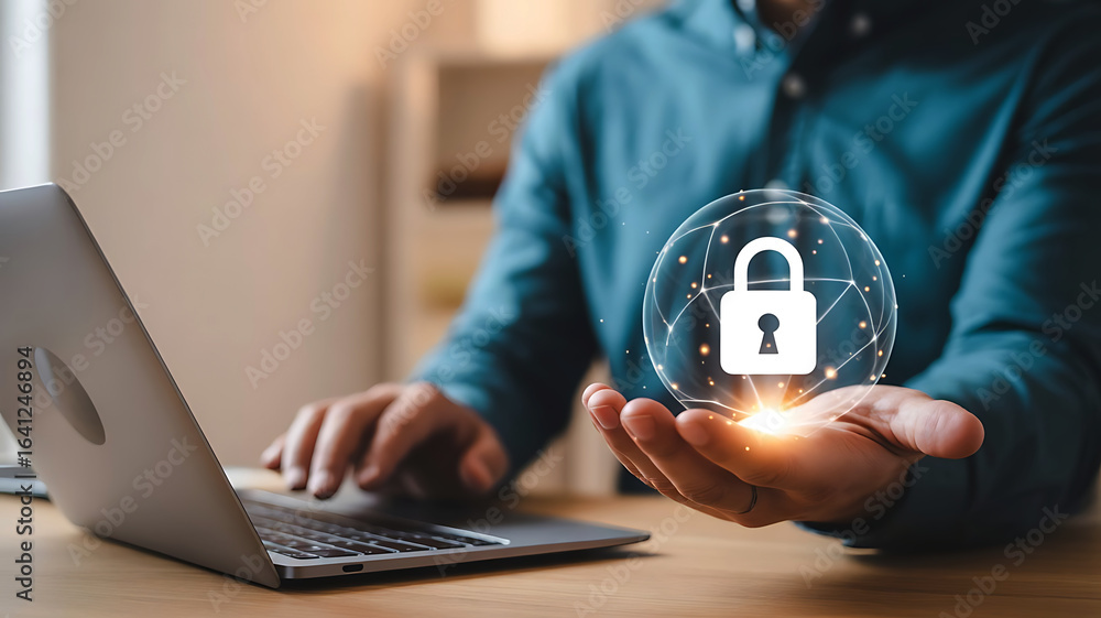 Poster person using a laptop with a glowing digital padlock icon representing cybersecurity and data protec
