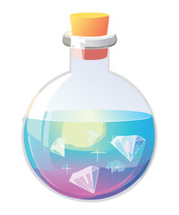 Illustration of glowing diamonds floating in a tranquil blue potion bottle
