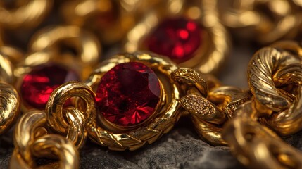 close-up of layered gold chains and glowing ruby accents