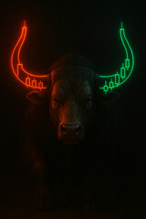 Bull Illuminated by the Neon Horns of Market Trends (Bull)