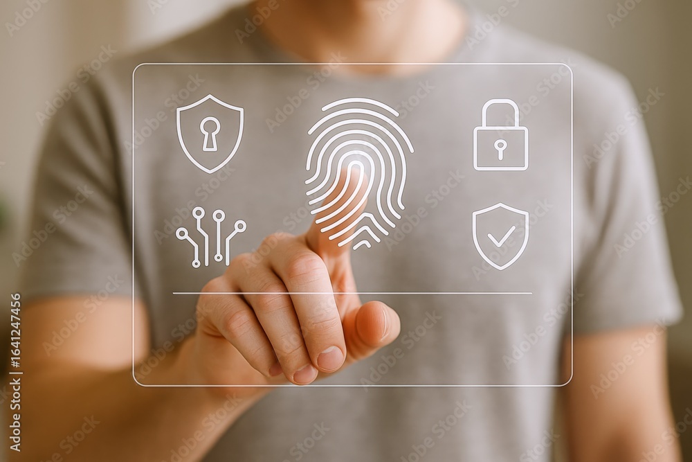 Poster digital fingerprint security concept: man touching screen with biometric authentication and data pro