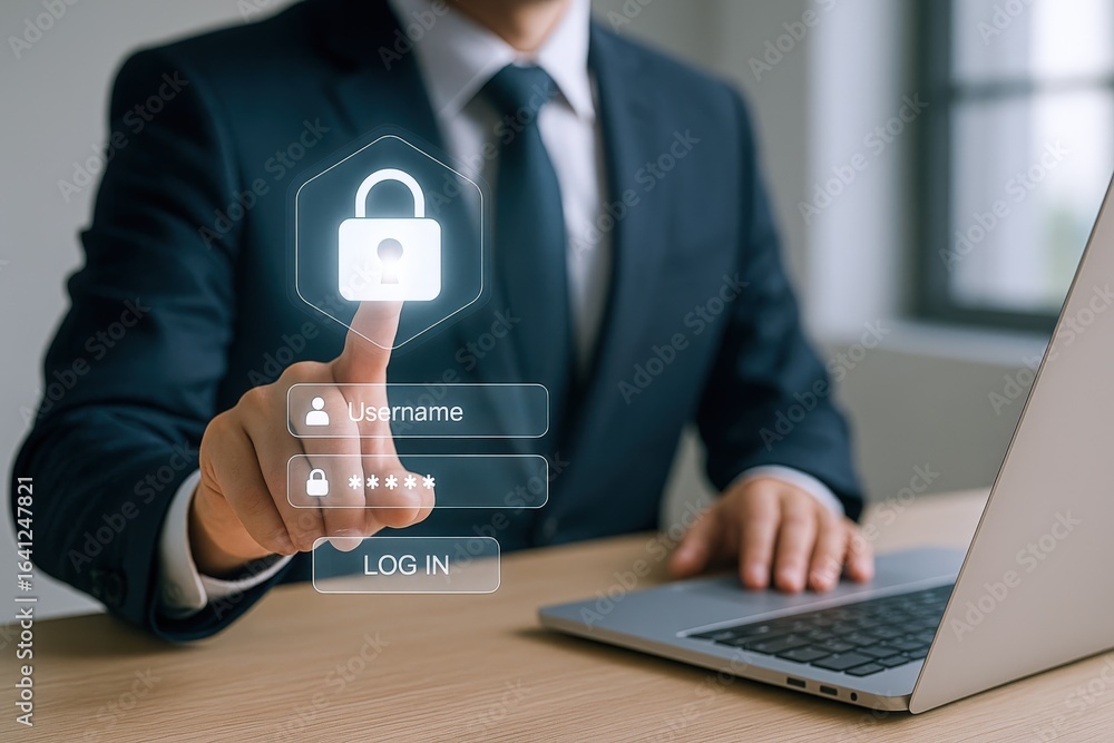 Poster cybersecurity professional securing data with modern login interface and laptop, demonstrating digit