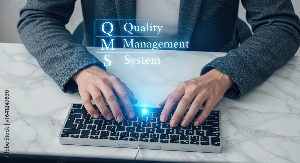 Poster quality management system implementation: close-up of hands typing on keyboard for business efficien