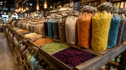 Bulk food bags on grocery store shelves create plastic free shopping experience