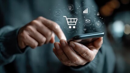 Person using smartphone for online shopping with digital ecommerce icons overlay
 - Powered by Adobe