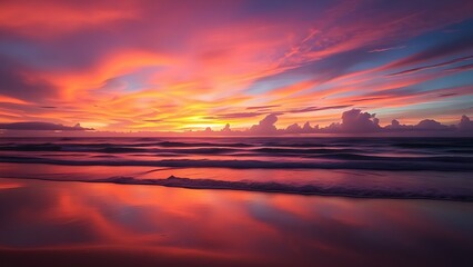 Obraz premium Tropical beach sunset with vibrant sky colors reflecting on wet sand and serene ocean.