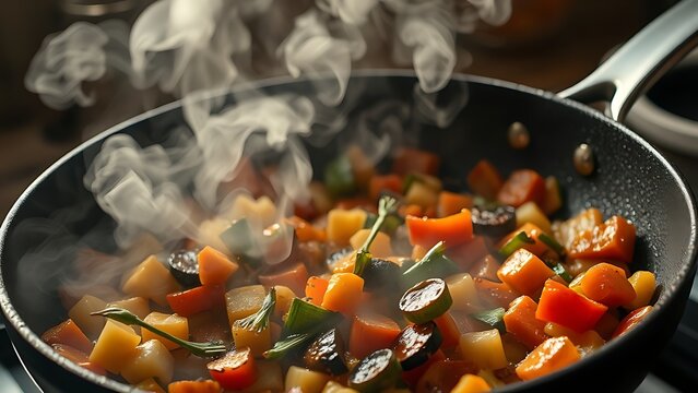 Sizzling vegetables in a frying pan, capturing the steam and textures of cooking.
