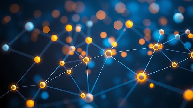 Abstract network of glowing connections in blue and gold, symbolizing business relationships and technology.