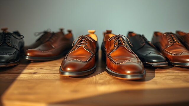 Handmade leather shoes showcased on a wooden surface, highlighting detailed craftsmanship with warm lighting.
