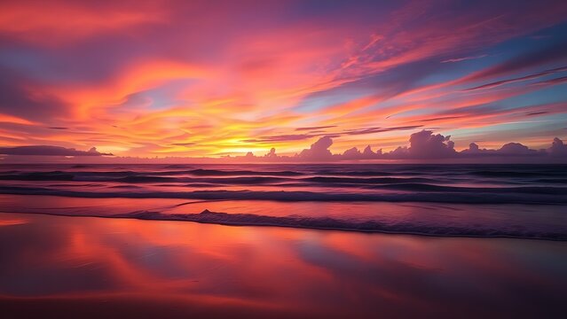 Tropical beach sunset with vibrant sky colors reflecting on wet sand and serene ocean.