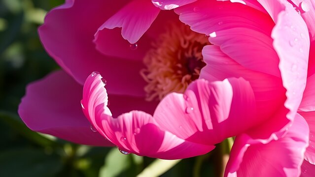 Extreme close-up of a pink peony with dew drops, showcasing delicate floral beauty.