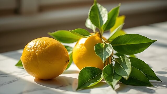 Fresh lemon with green leaves on marble, illuminated by natural window light.