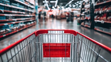 Shopping Cart in Supermarket Aisle: Retail Consumerism and Grocery Shopping Experience Perspective