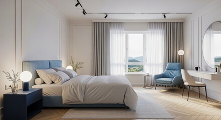 Elegant Bedroom Interior with Blue Accents, Natural Light and Modern Design Elements