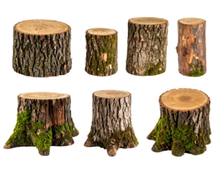 Set of stumps with moss isolated on a transparent background.