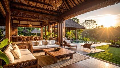 Fototapeta premium Luxury Bali Villa Exterior Pool with Sunset, and Wooden Architecture.