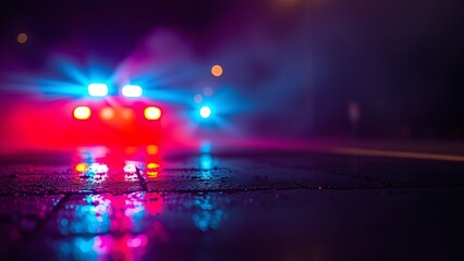 Glowing emergency lights reflecting on wet pavement at night, creating a dramatic atmosphere.