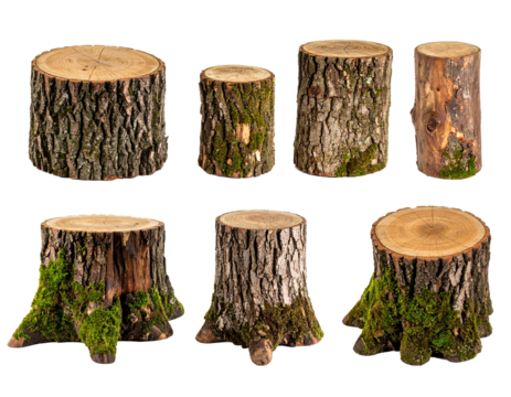Set of stumps with moss isolated on a transparent background.