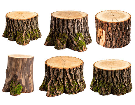 Set of stumps with moss isolated on a transparent background.