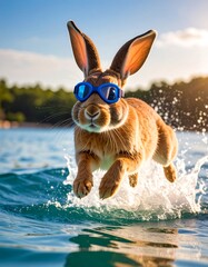 Bunny in sunglasses leaps over waves