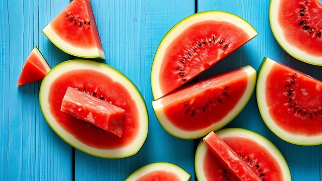 Fresh watermelon slices arranged on a rustic blue wooden surface.