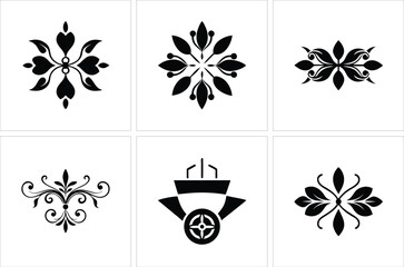 Six vintage inspired floral and mechanical emblems on a white backdrop are visible