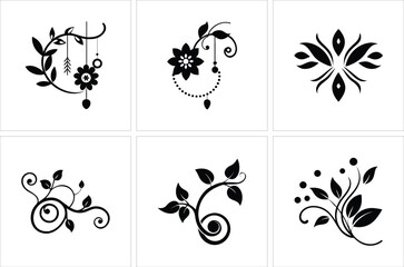 Six unique stylized floral ornaments are displayed in black ink on white background