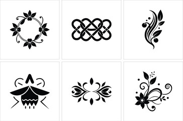 Collection of six individual black floral and abstract designs arranged on a white background