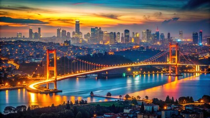 Fototapeta premium Panoramic night photography of Istanbul's Bosphorus Bridge, Asian side bokeh shimmering.