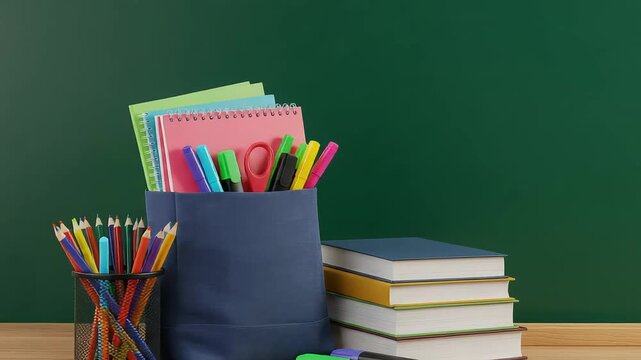 Colorful stationery supplies in a classroom setting with a green chalkboard backdrop