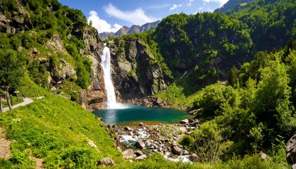 Obraz premium Stunning alpine waterfall cascading into a pristine lake