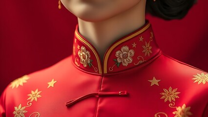 Silk qipao collar embroidered with peony and star patterns, showcasing ceremonial elegance.