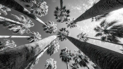 Tall palm trees reach skyward in black and white, creating dynamic perspective