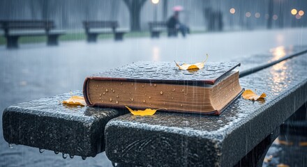 Book on Bench in Rainy Park with Yellow Leaves: Autumn Reading Concept