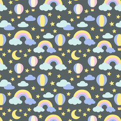 Magical pastel celestial elements pattern on dark background &ndash; rainbows, moons, stars, clouds, and balloons for kids&rsquo; apparel, storybooks, and baby shower invites.