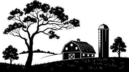 Rural Farm Scene with Barn, Silo, and Trees Vector Illustration © Rezowan 