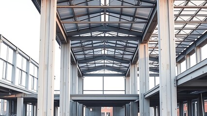 Obraz premium Industrial construction site with steel beams and columns, highlighting modern architectural progress.