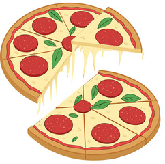 Isolated vector of pizza cut into eight slices, topped with cheese, olives, onions, and pepperoni, in clean minimal style.