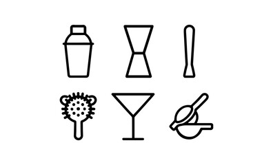 Minimalist bar tools icons for cocktails and mixology in black and white