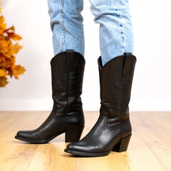 Black leather cowboy boots on wooden floor