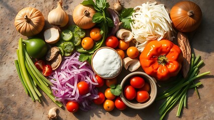 Top-down view of fresh Asian ingredients on stone surface, warm lighting highlighting Thai cuisine.