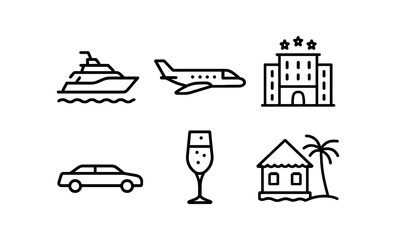 Travel and leisure icons: yacht, airplane, hotel, car, glass, beach house