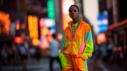 Bright color editorial portrait: Model walks along street with confidence and bold outfit in vivid colors, standing out in lively city crowd