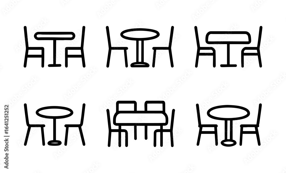 Poster minimalist dining set icons: simple line art of tables and chairs in various arrangements