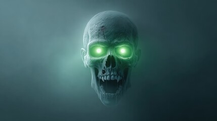 A spectral skull materializes from an ethereal fog, its emerald eyes burning with an uncanny, ominous glow, capturing the essence of the macabre and supernatural.