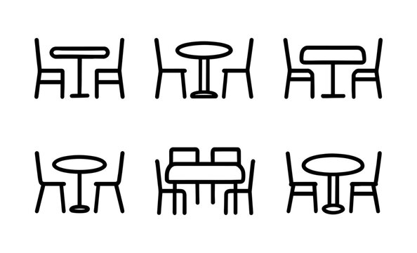 Minimalist dining set icons: simple line art of tables and chairs in various arrangements