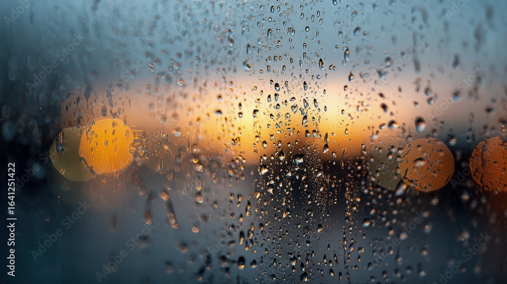 Poster raindrops on glass with bokeh lights: atmospheric and abstract background for creative projects