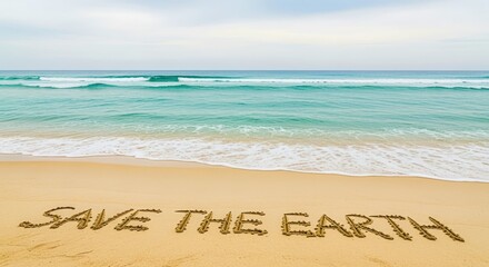 Fototapeta premium Save The Earth message written in the sand at the beach, beautiful seascape and blue sky